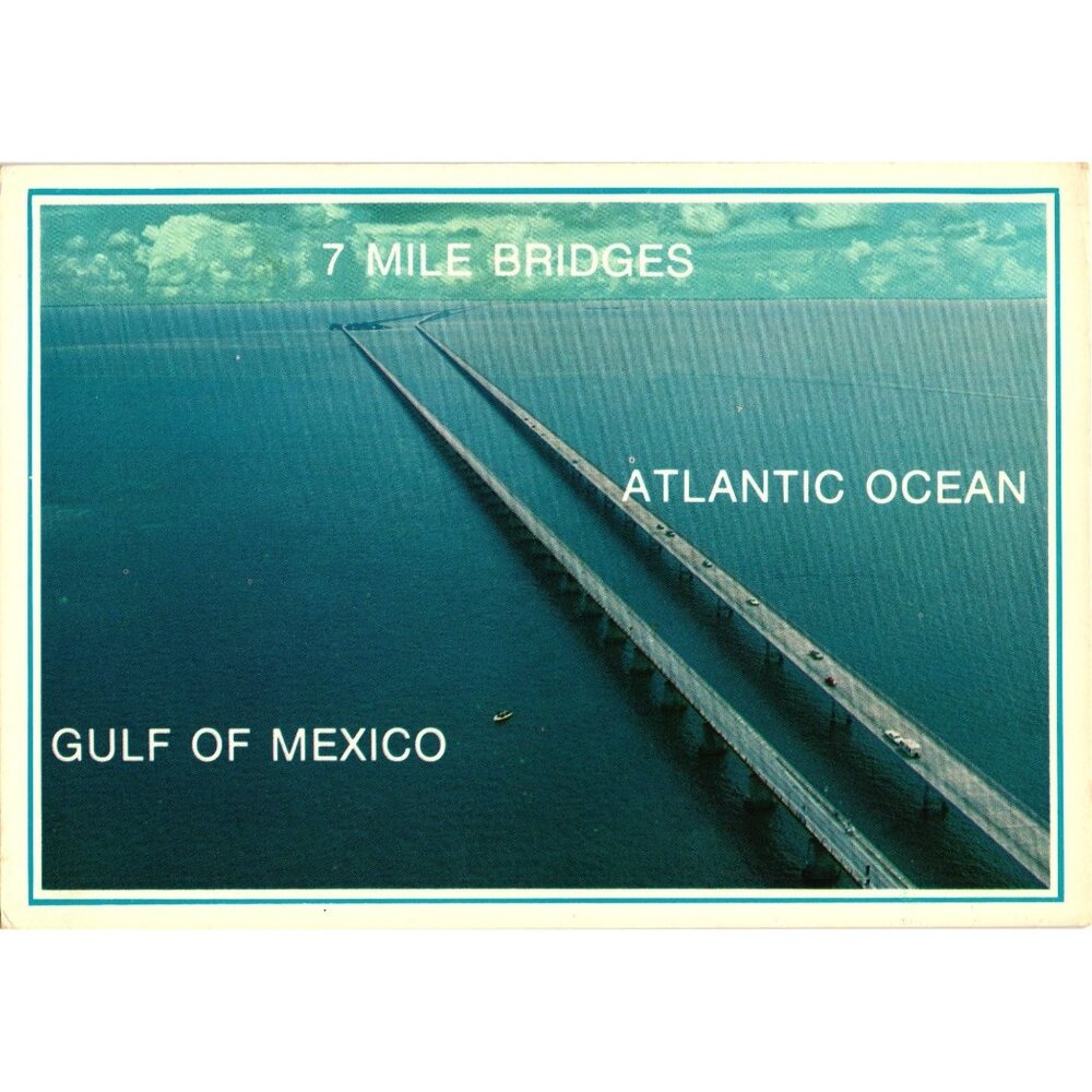 Vintage Florida Keys Seven Mile Bridge Postcard Aerial View